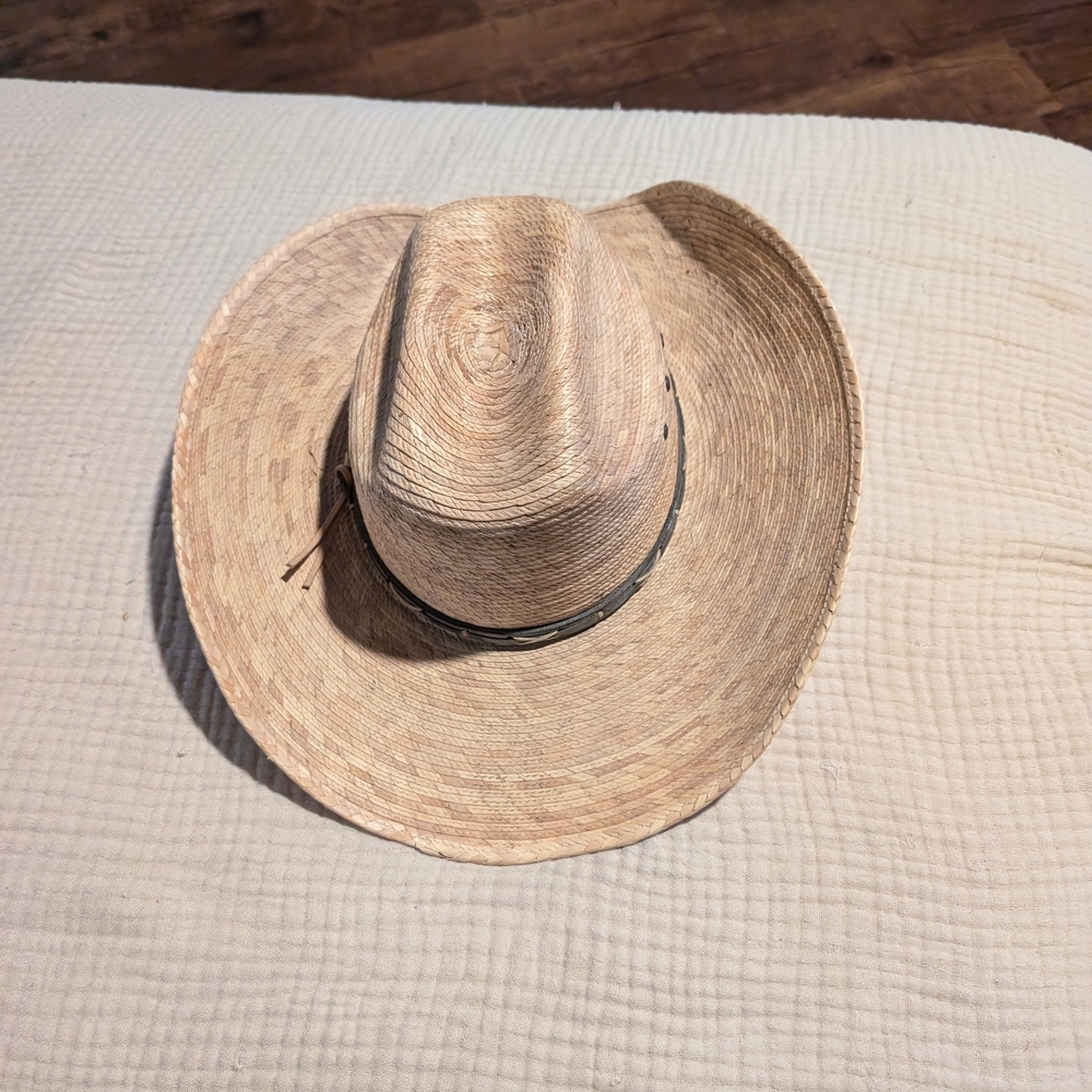 Tan Straw Cowboy Hat with Textured Weave and Wide Brim